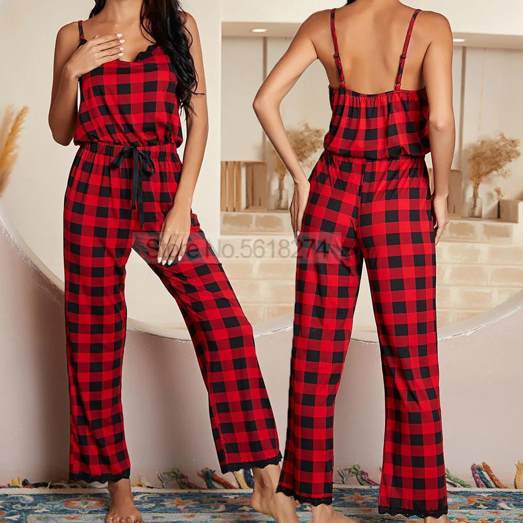 2PCS PJS Set With Buttons Female Red-Black Plaid Pajamas Nightgown Casual Summer Home Clothes Sexy Shirt&Pants Suit Loungewear