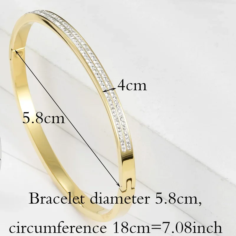 Classic Double Row White Zircon Woman Bracelet & Bangle Stainless Steel Gold Color Jewelry Bracelet Circumference 18cm