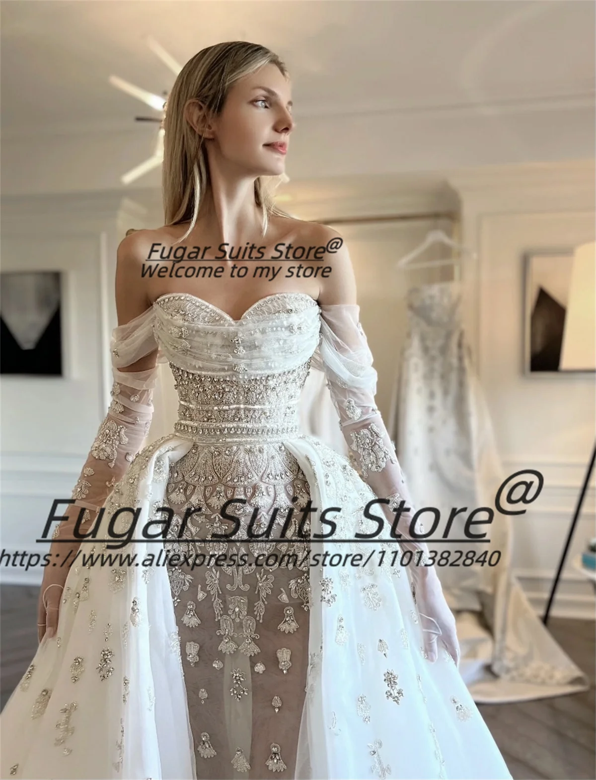 Sexy Romantic Ball Princess Sparkling Beaded Wedding Dresses Luxuly Fashion Detachable skirt yarn vestidos novias boda