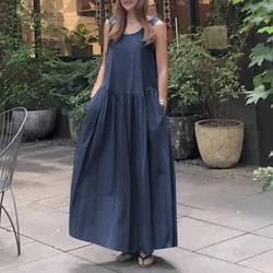 Women's Dress 2025 Summer Cotton and Linen Casual Round Neck Sleeveless Large Size Loose Solid Color Vest Long Swing Dress