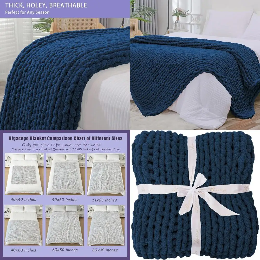 

Handcrafted Jumbo Chenille Throw, 60x80, Cozy Cable Crochet Blanket, Navy Blue