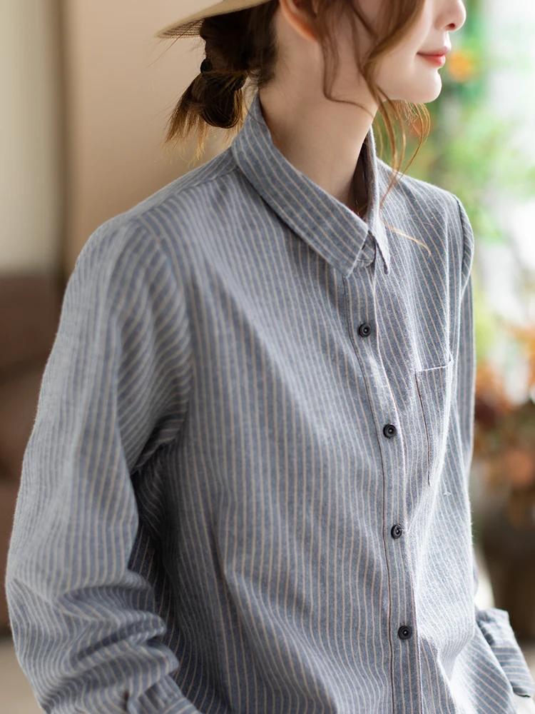 

Casual Cotton Striped Women's irt Spring Autumn New Sle Loose Faion ular Ladies' Blouse Comfortable Breathable Long ...