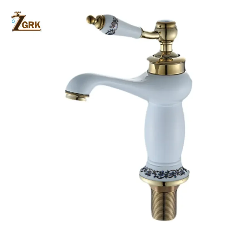 ZGRK White Bathroom Taps Deck Mounted Single Handle Bathroom Sink Mixer Faucet Ceramics Hot and Cold Water Washing Mixer Tap