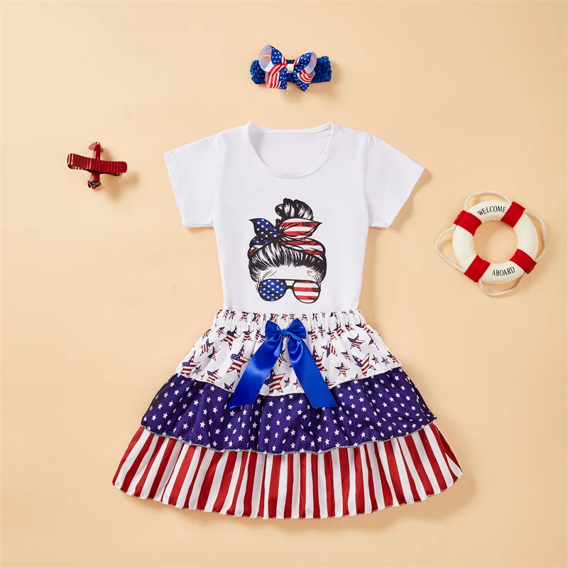 New Girls\' Festival Set Skirt 3 PCS Independence Day Festival Dress With Accessories Children\'s Clothing Set