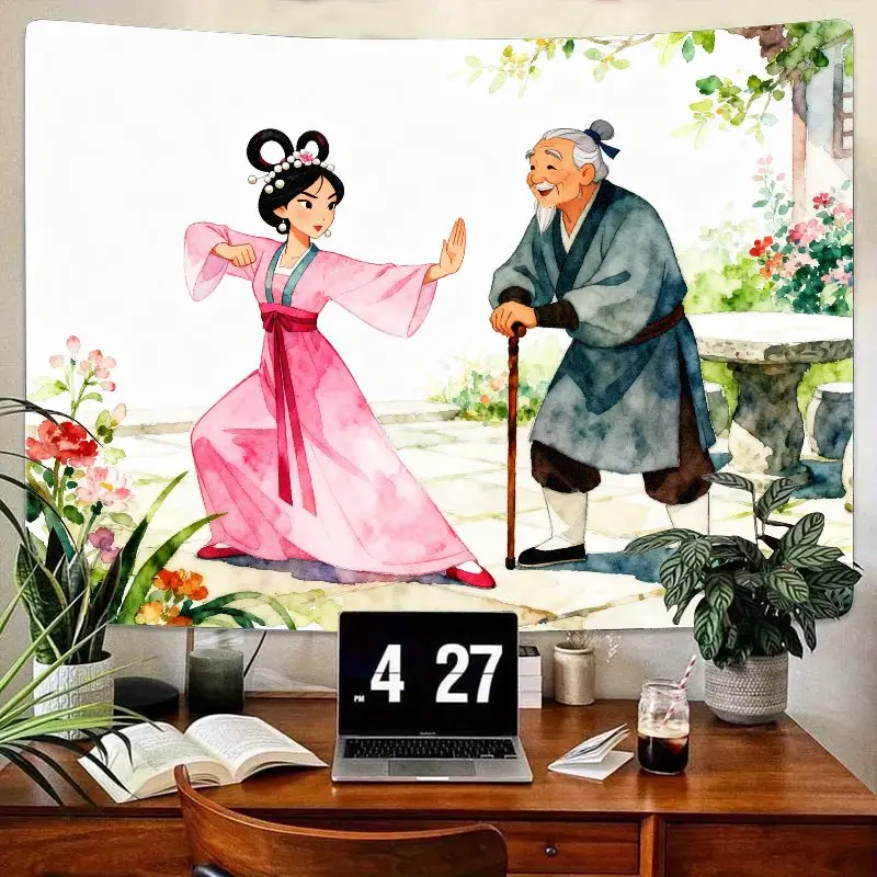 

1 шт., китайский гобелен для девочек и мастеров кунг-фу, традиционное акварельное садовое настенное искусство, полиэстер, домашний декор для спальни, общежития, подарок