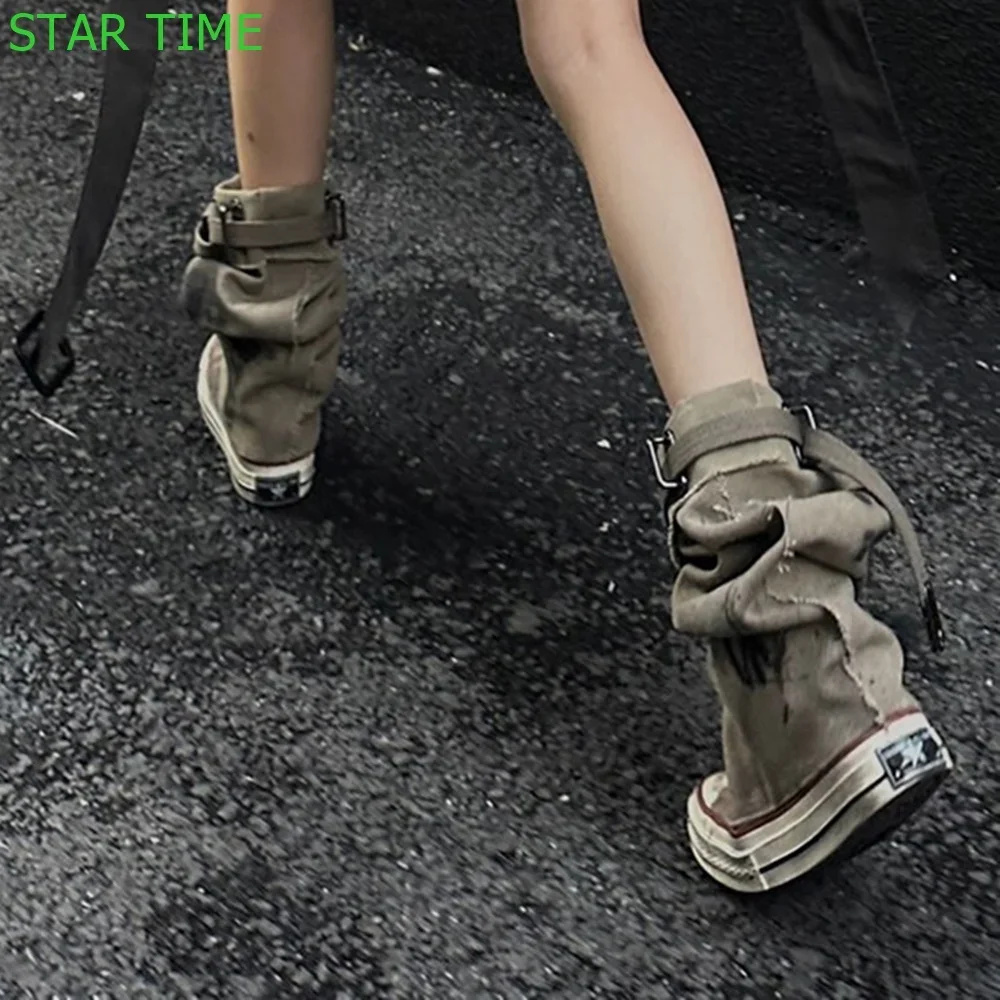 Denim Round Toe Casual Ankle Boots  Khaki Fashion Women Short Boots 2024 Spring Belt Buckle Street Style Sports Shoes