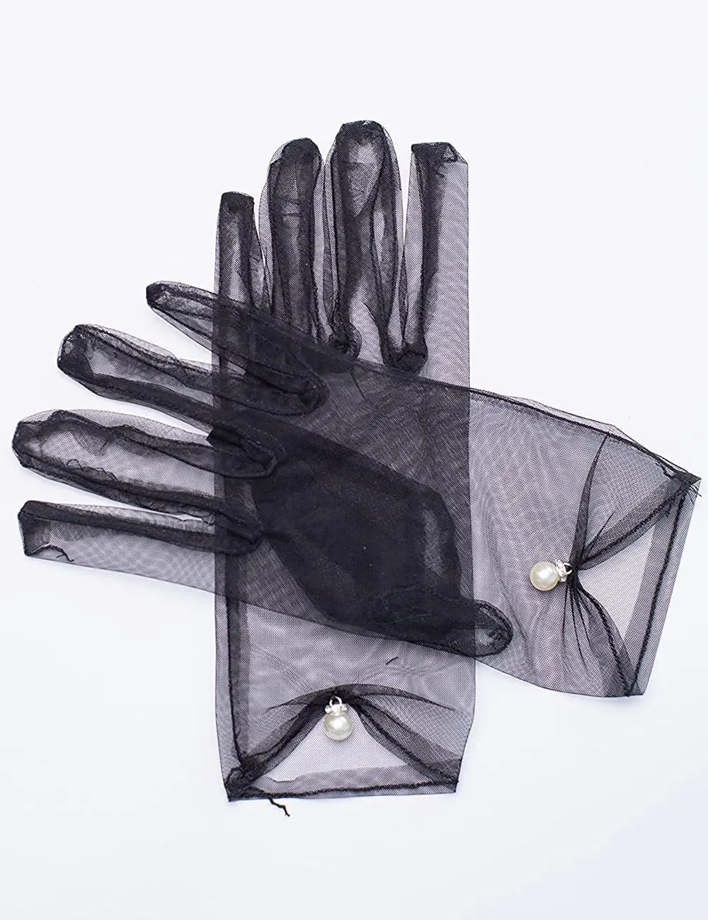 Weiße Satin-Handschuhe für Hochzeitskleider, kurze, elegante Blütenblatt-Perlen-Schleifen-Netz-Handschuhe, vielseitiges Fotozubehör, Perlen-Retro – Detail 22