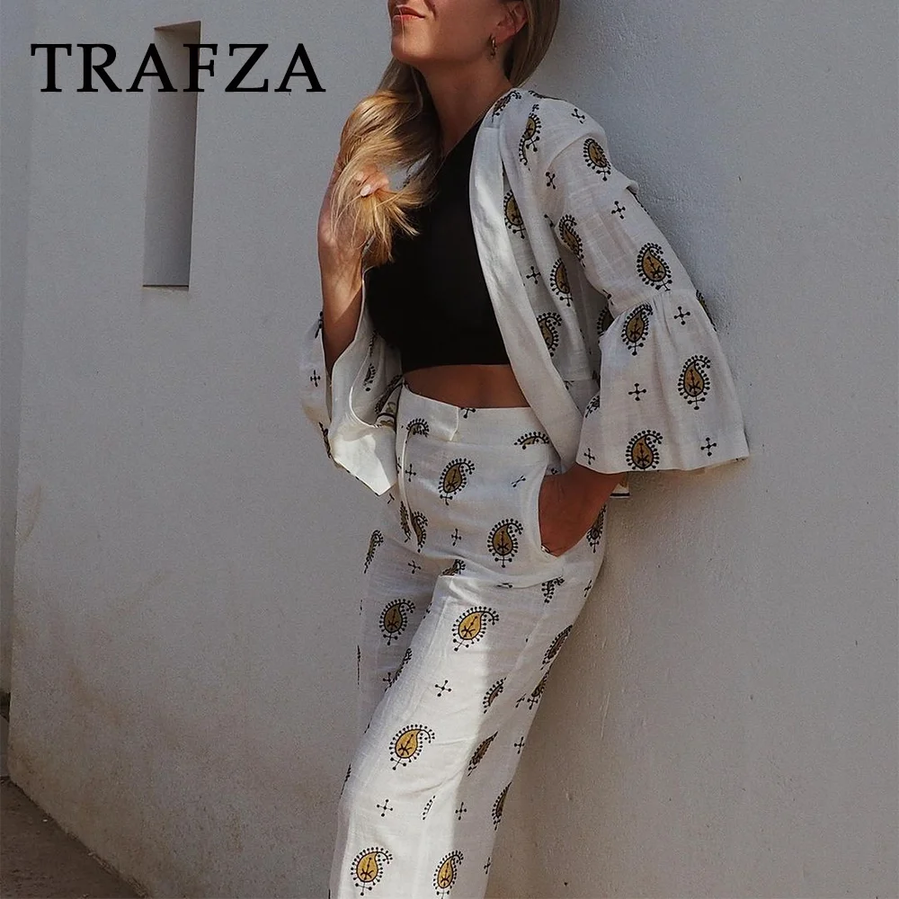 TRAFZA 2024 Spring Summer Casual Women Embroidery Suits Fashion Solid Flare Sleeve Open Stitch Blazers+Mid Waist Wide Leg Pants