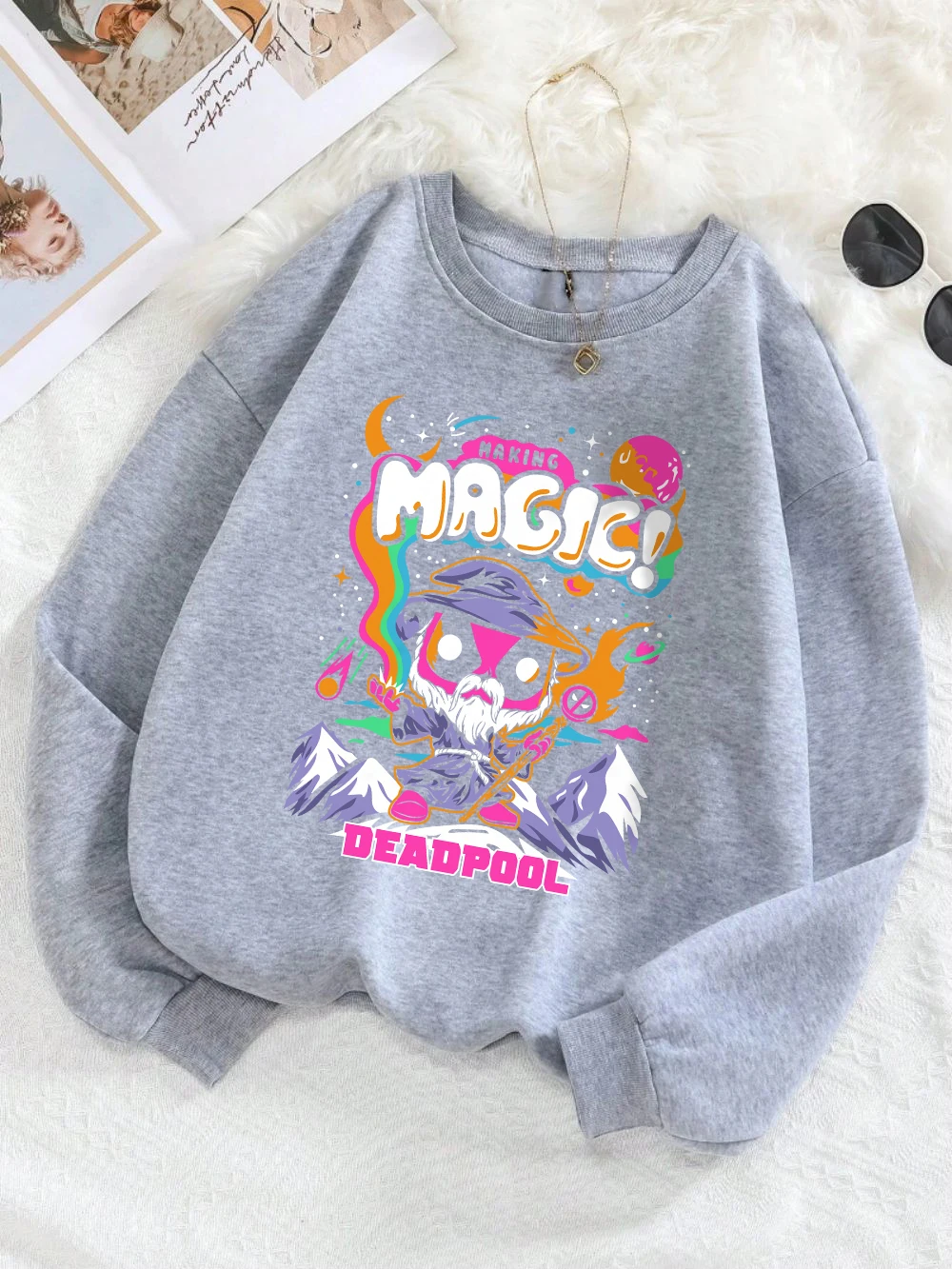ماجيك ديدبول البلوز المرأة الرسوم المتحركة طباعة هوديي فضفاض الصوف الدافئة Crewneck ملابس الخريف مريحة المرأة البلوز