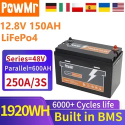 PowMr 12.8V 150Ah LiFePo4 Battery Built-in BMS Protection 12V Lithium Iron Phosphate Batteries Waterproof RV Camper Power Supply