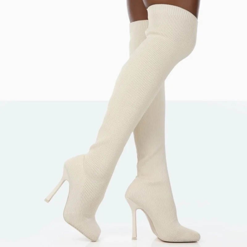 Pink Knitted elastic Knee High Boots Square head Toe Stiletto Heel Slip On Boots Women Winter Shoes Party Dress Sexy Concise