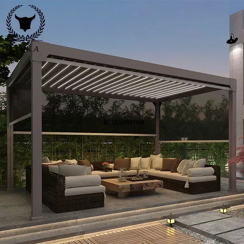 Outdoor Waterproof Pavilion Opening Roof Louver Retractable Aluminium Remote Control Arches Arbours Garden Pergola