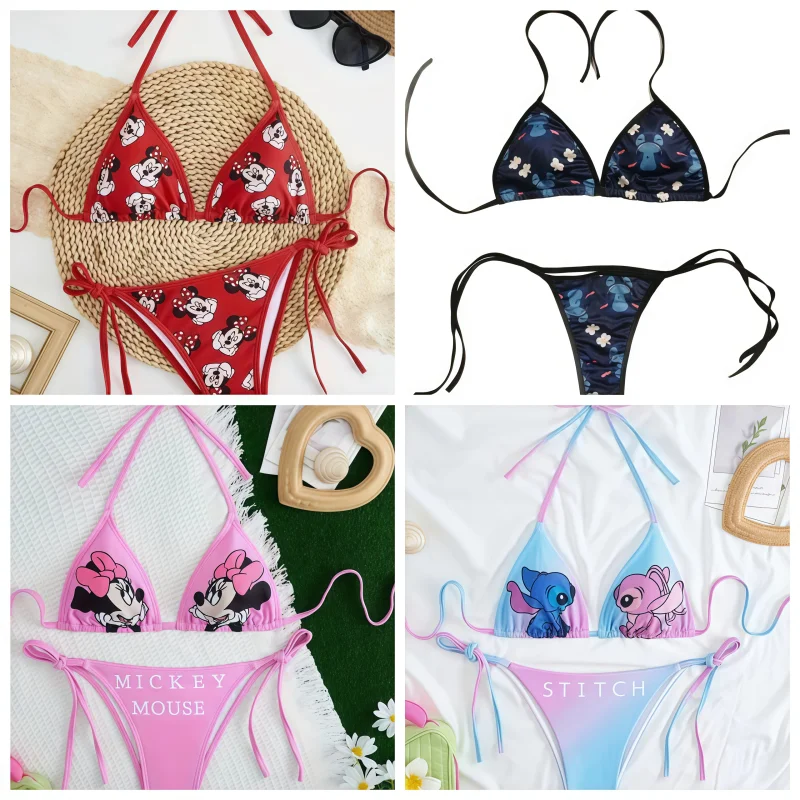 

Disney Stitch Mickey Mouse Kawaii комплект бикини милый мультфильм аниме мягкие трусики с боковыми ремешками Kawaii купальник сексуальное бикини Y2k подарок