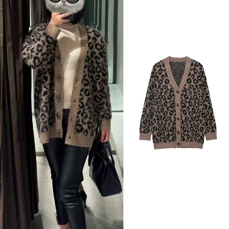 Knitted Cardigan Coats 2025 New Fashion Leopard Print Warm Sweater Women's Youth Autumn Street Travel Women's Cardigan Sweater