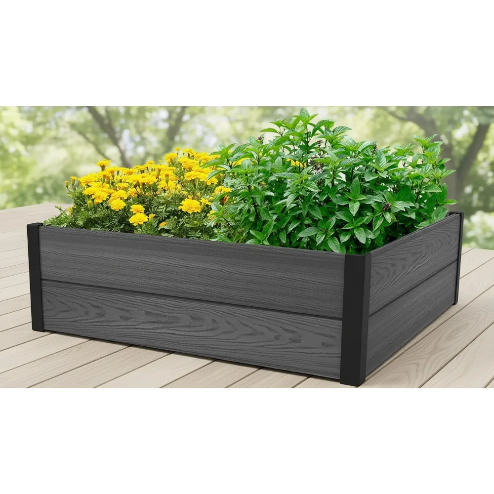 

48x48 Inch Wood Look Raised Garden Bed, Durable Outdoor Planter for Vegetables Flowers Herbs Succulents Easy Assembly