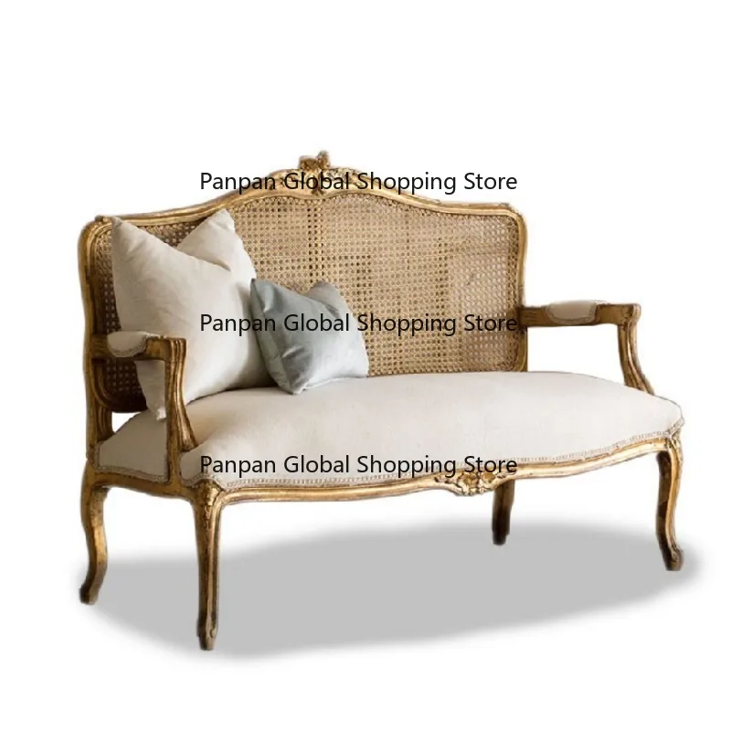 Custom-Made French Retro Fashion High-End 2-Person Weave Rattan Sofa Chair Solid Wood Carvings Living Room Furniture