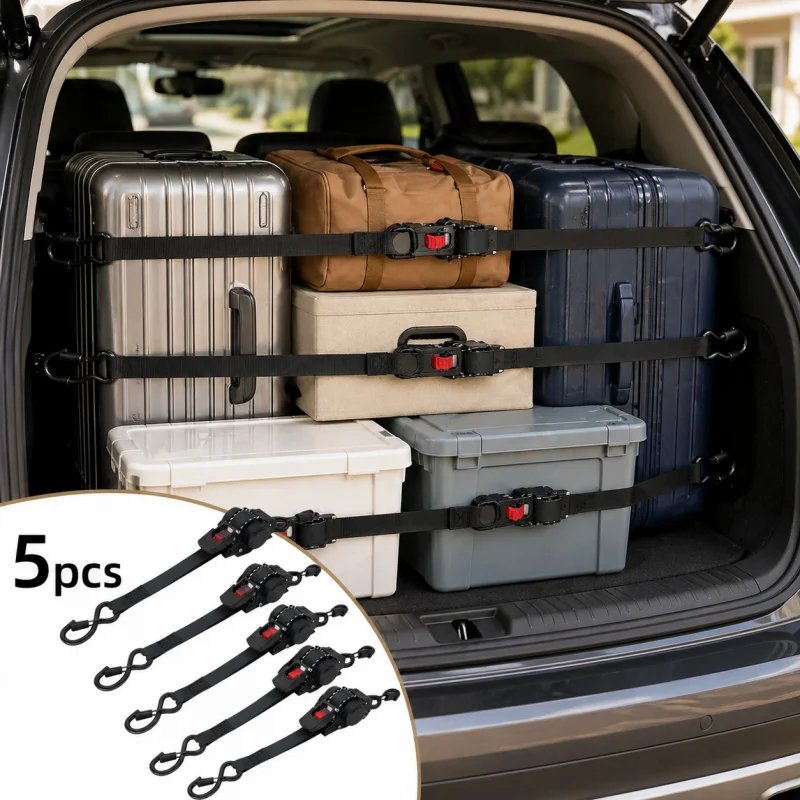 5-Piece Retractable Ratchet Strap Set  Reinforced Webbing: Durable and Tear-Resistant  Cargo Strapping  Ratchet Strap for Cars
