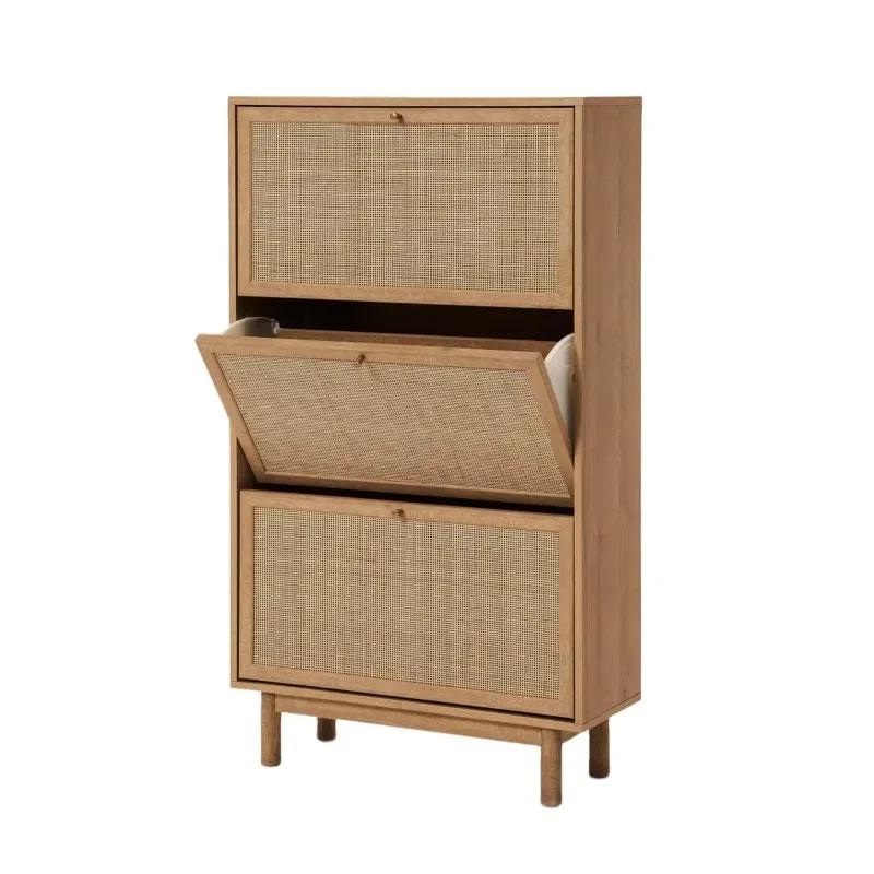 Wooden Natural Rattan Winder Shoe Cabinet with Spacious Space for Farmhouse Entryway Shoe Organizer Closet Rack Storage Box