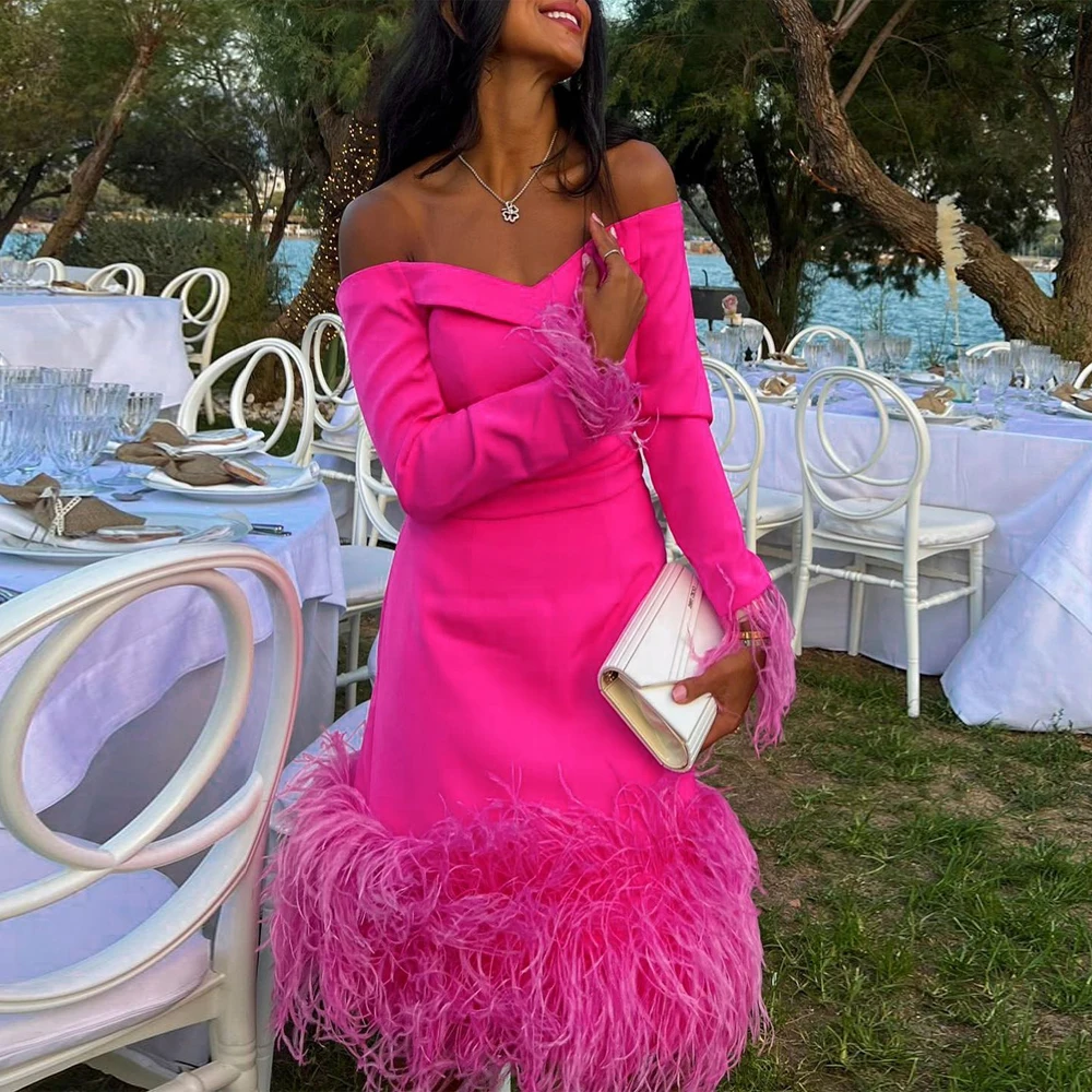 

Sexy Hot Pink Short Prom Party Dresses Off Shoulder Mini Sexy Cocktail Dress Feathers Formal Night Event Dress Robe de mariee