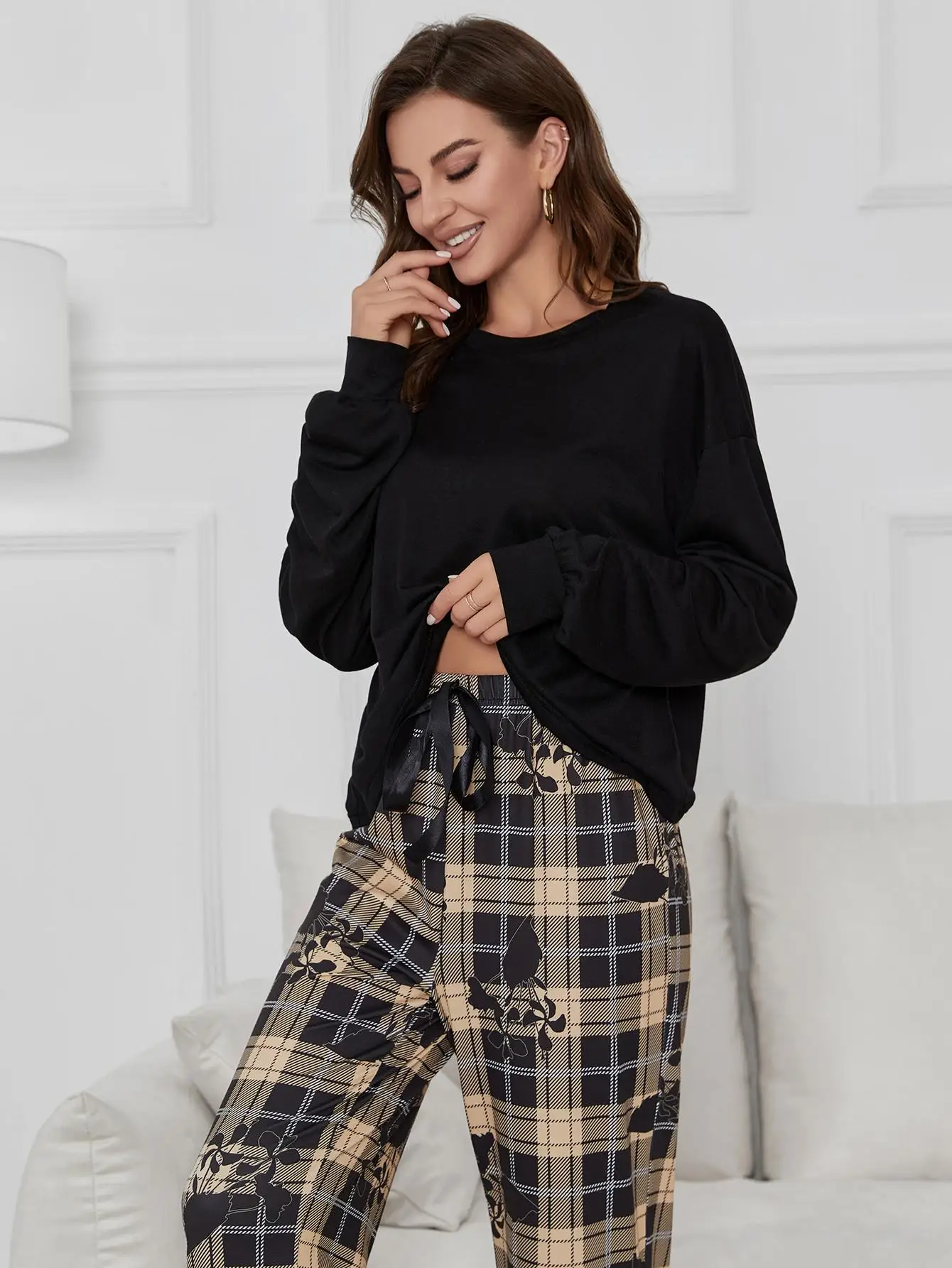 Women Pajama Set Solid Long Sleeve Top & Full-Length Plaid Pants Panda Print 2 Pieces Sleepwear Female Nightwear Homwear Cloth