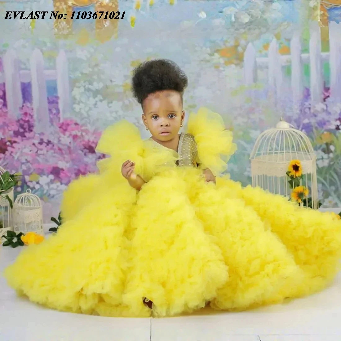 EVLAST Customized Yellow Flower Girl Dress for Wedding Ruffles Holy First Communion Dress Kids Birthday Pageant Gown FD42