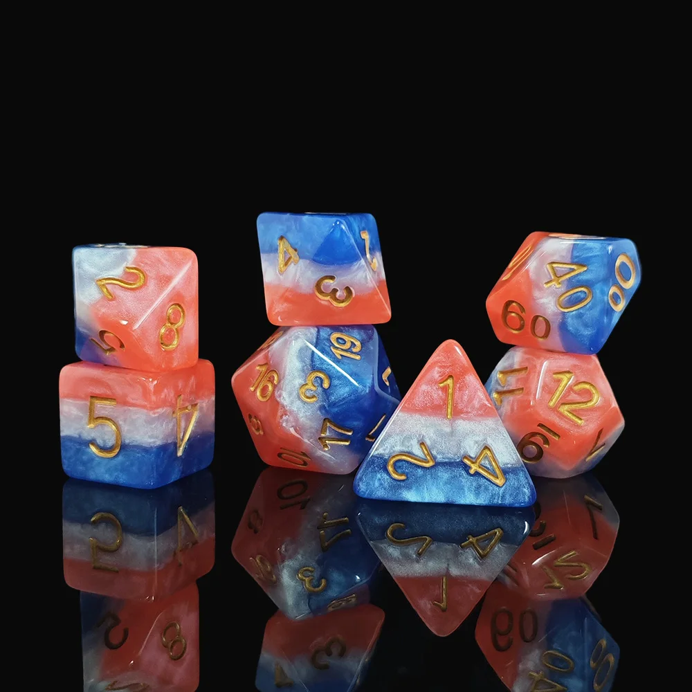 7Pcs Resin Dice Set Red White Blue Swirl Gold Number Polyhedral Dice For DND RPG Tabletop Board Game Role‑PlayingParty Game Dice