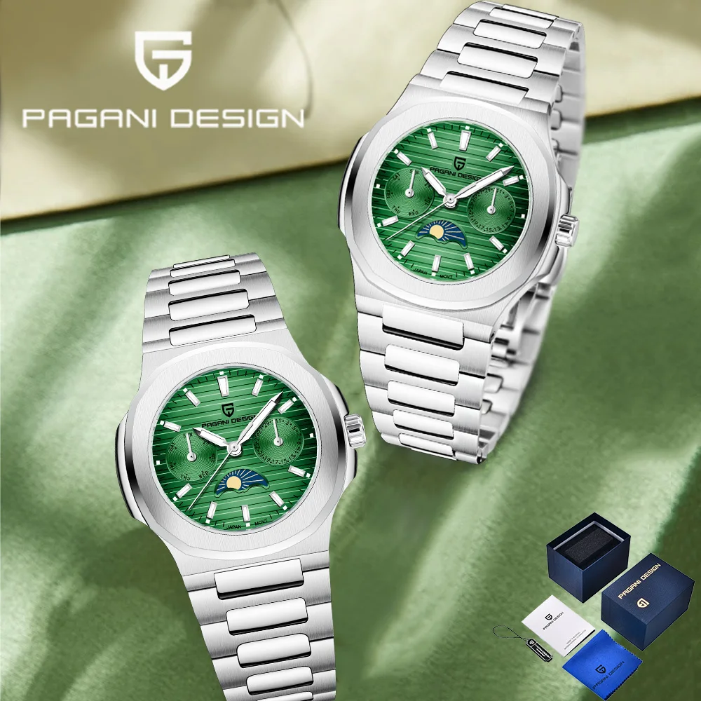 

2026Pagani дизайн модные женские кварцевые часы роскошные мужские часы с фазой Луны и датой недели водонепроницаемые часы из нержавеющей стали в подарочной упаковке