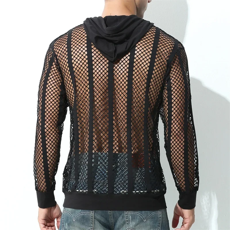 Mens Undershirts Hoodies Sexy Transparent Mesh Shirts Fishnet Hollow Out T Shirts Sport Fitness Nightclub See Through Tees Tops