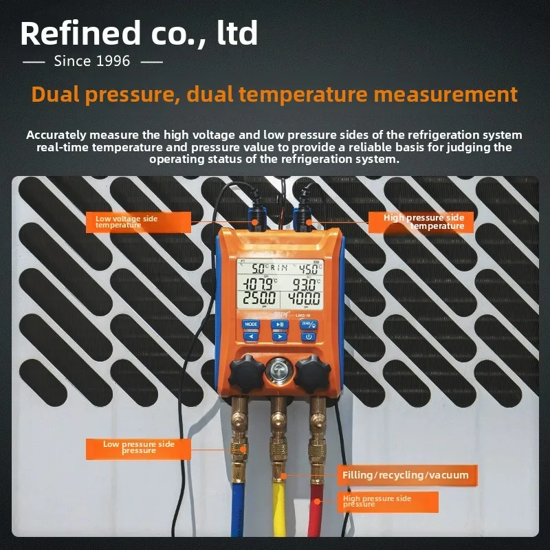 Manometro digitale per collettore di refrigeranti per condizionatore d'aria con morsetti per termometro per sistemi HVAC LMG-10