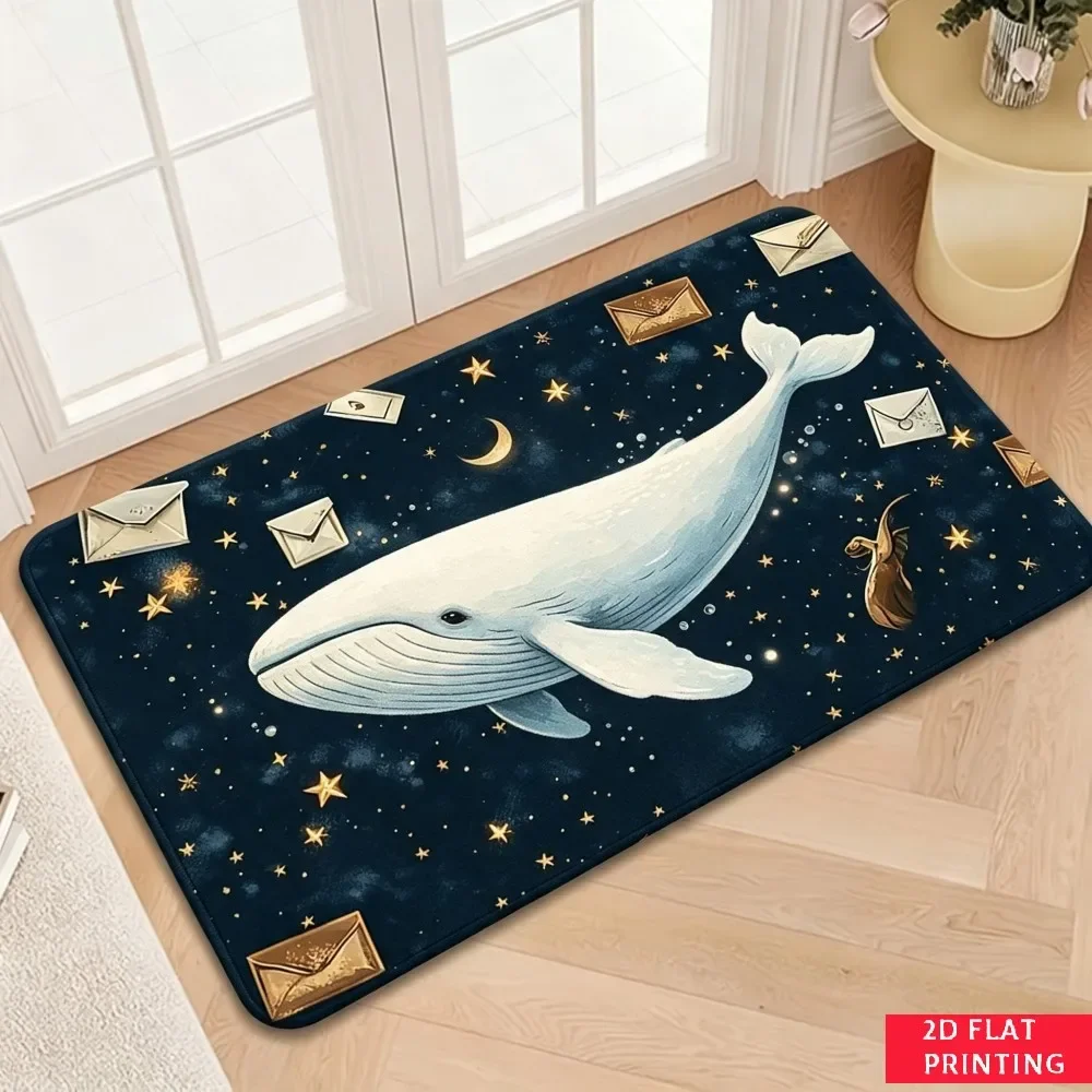 Whale and Stars Nursery Bath Mat Bathroom Rug Ocean Animal Kids Playroom Decor Waterproof Mat