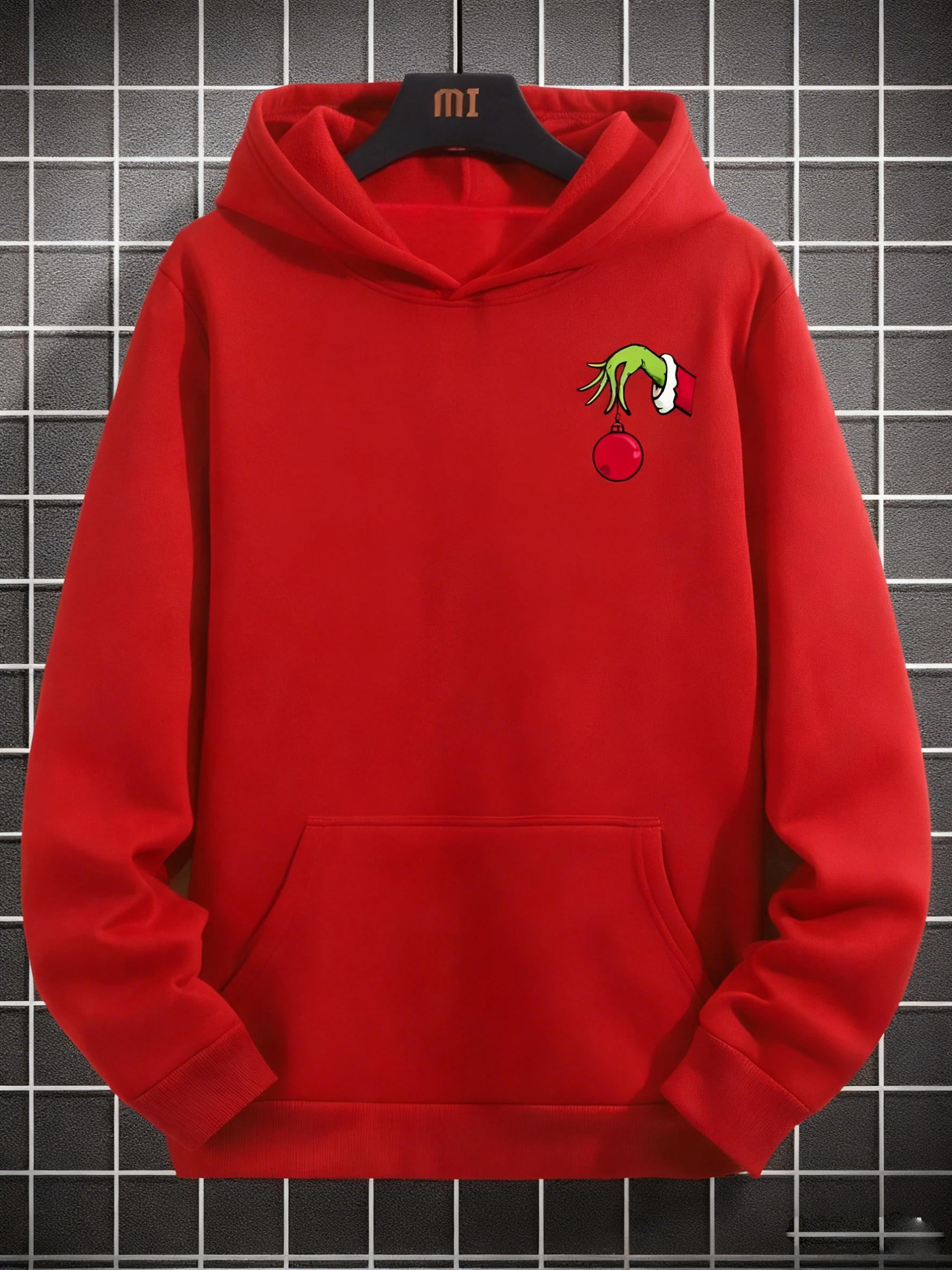 سويت شيرت رجالي كاجوال بقلنسوة على الموضة في الشارع لعيد الميلاد مطبوع عليه عنصر مطبوع، لخريف/شتاء