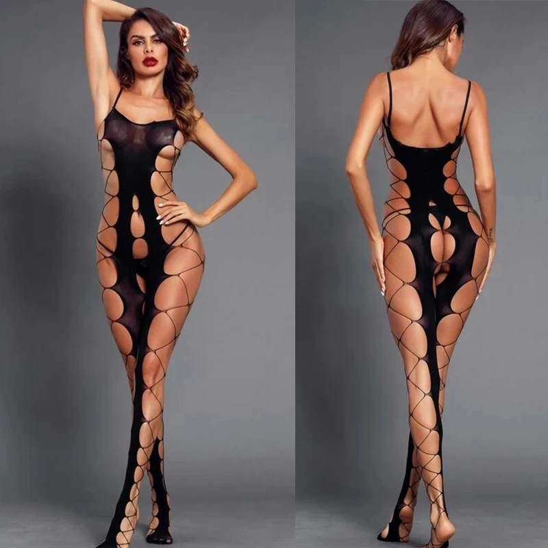 2022 New Sexy Women Fishnet Open Crotch Catsuit Mesh Tights Lingerie Erotic Bodysuit Sleepwear Crotchless Jumpsuit Teddies