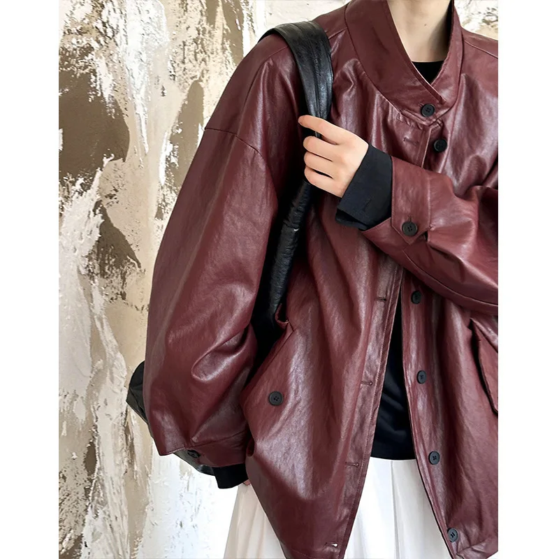 Chaqueta de cuero Pu con cuello levantado para mujer, abrigo suelto de imitación de cuero, abrigos rojos Vintage de una sola botonadura