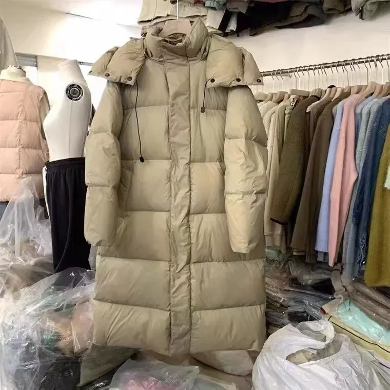 Novo estilo plana lago para baixo jaqueta não removível capuz creme cor de comprimento médio pato para baixo jaqueta feminina high-end inverno outerwear