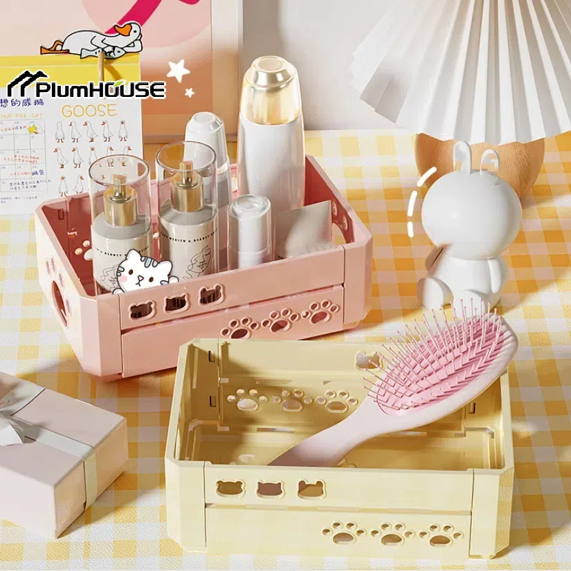 Cartoon Desktop Foldable Storage Basket Hollowed Out Stackable Storage Box Cosmetics Partition Sorting Basket
