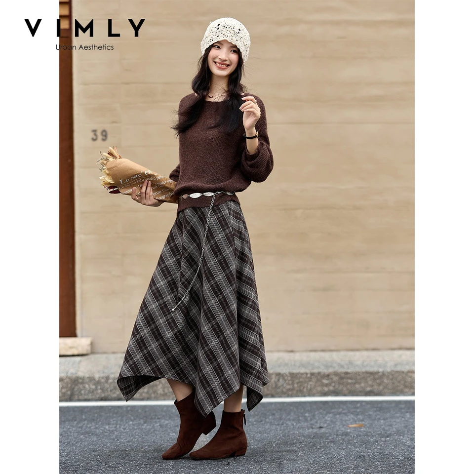 Vintage Plaid A-Line Skirt for Women Coffee Grey