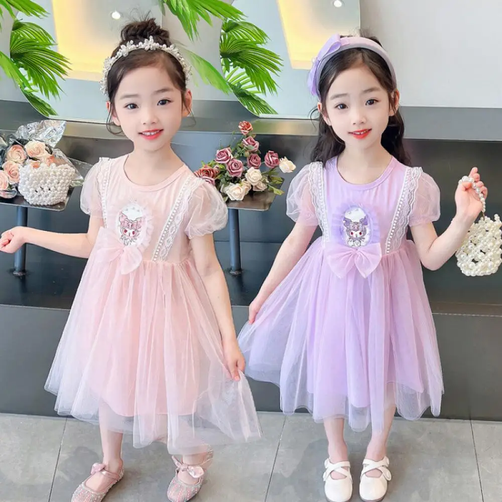 

Платье Sanrio Kuromi для девочек, новая летняя сетчатая юбка с короткими рукавами и рисунком, милое платье, милая юбка принцессы, детские юбки, От 3 до 8 лет