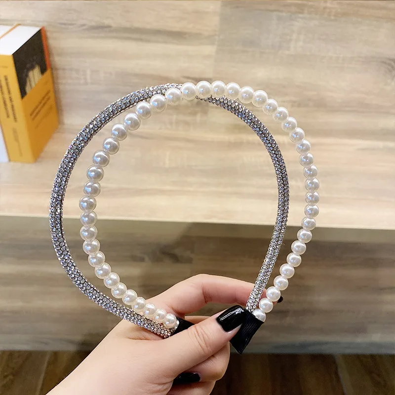 Fashion Luxury Shining Rhinestone Simulated-pearl Hairband Party Double Layer Headband Women Vintage Elegant Hair Hoop Headwrap