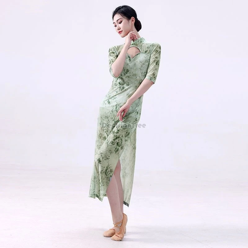 

2024 vintage chinese style dancing qipao graceful fairy thin classical dance garment temperament printing hollow out split dress