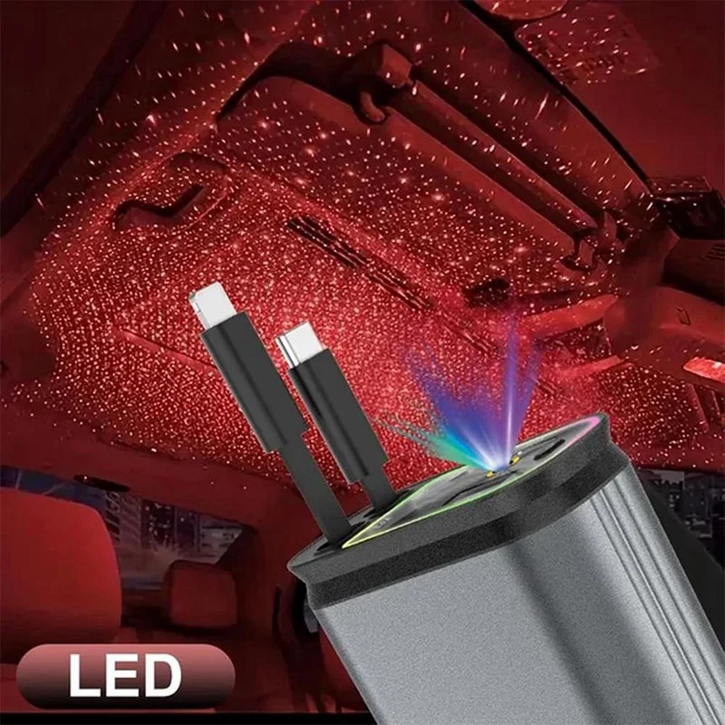 4 In1 Retractable Car Charger With USB Fast Charging Cable Starlight In Auto Roof Atmosphere Light For Iphone Samsung