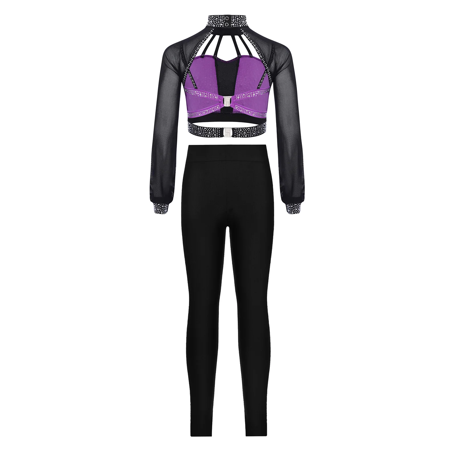 أطفال بنات غنائية الجمباز أزياء رقص طويلة الأكمام انقطاع Strappy لامعة المحاصيل الأعلى طماق لعروض قاعة الرقص الباليه