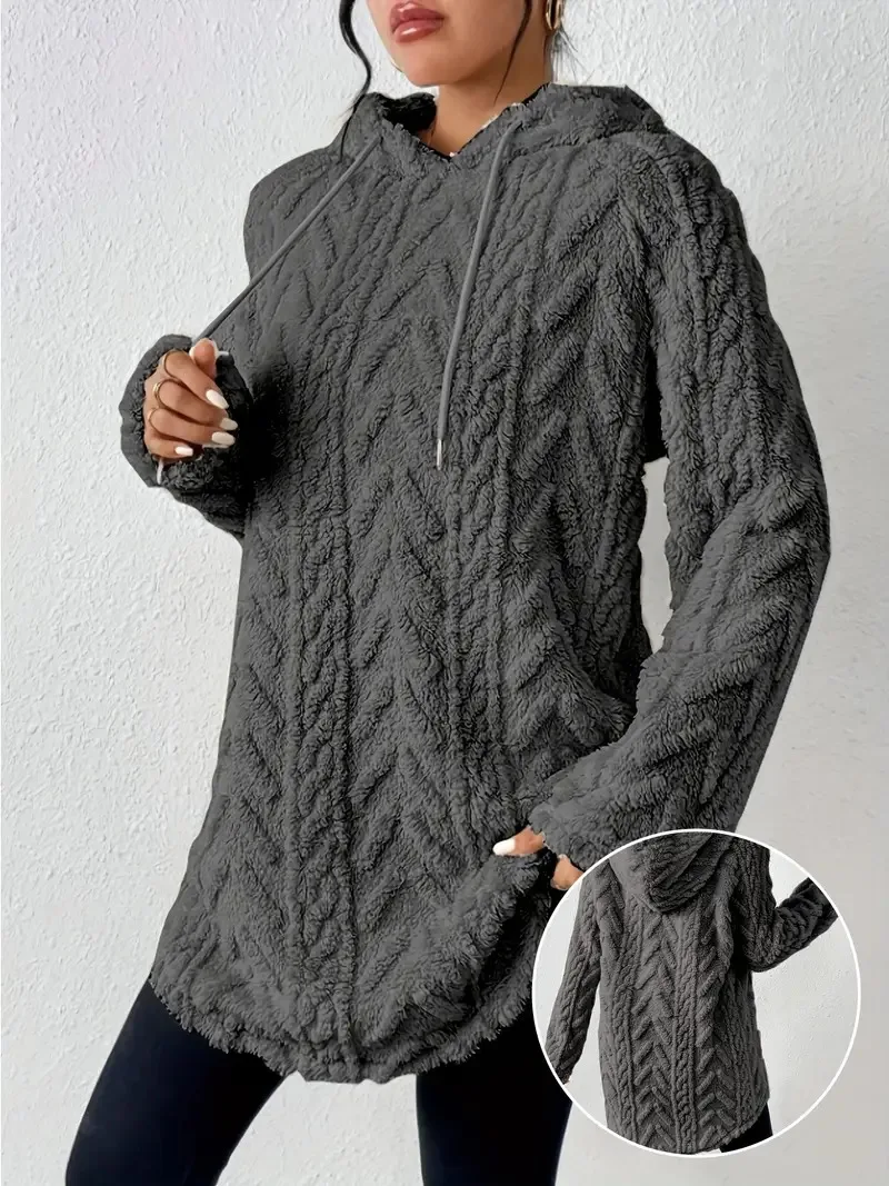 Women's Loose Jacquard Long Plush Hooded Sweatshirt, Casual Pullover Tunic Top for Autumn Casual Pullover Tunic Top