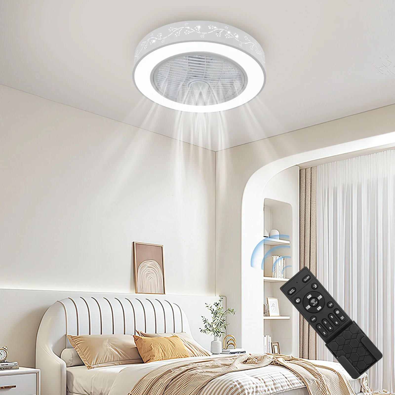 

LED Fan Chandelier, Modern Low Profile Fan with Remote and Smart APP Control 3 Colors 6 Speeds Semi Flush Mount for Bedroom