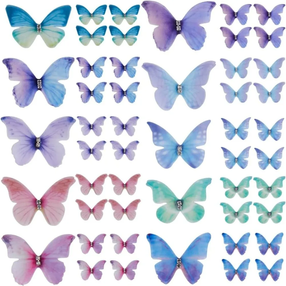 1 صندوق 100 قطعة سحر الفراشة السائبة الملونة الجناح سحر خفيفة الوزن الأورجانزا النسيج الفراشات أجنحة سحر مزدوجة الطبقات