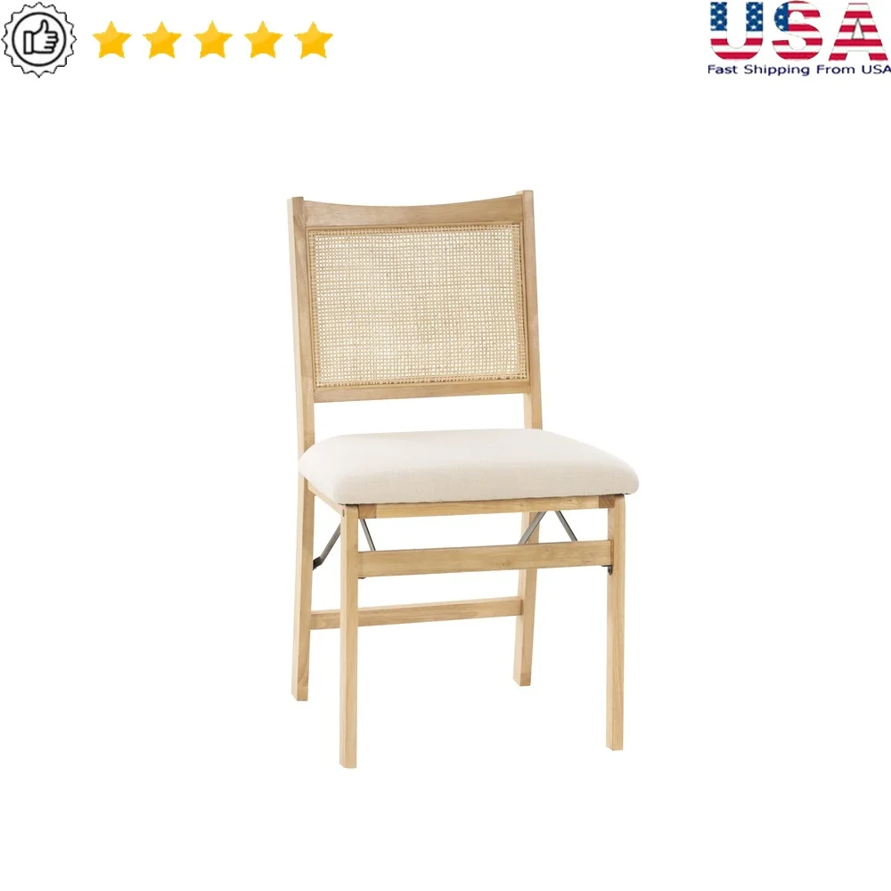 Cadeira dobrável com encosto de vime natural com assento estofado, estrutura leve de madeira maciça, design confortável, uso interno, fácil armazenamento