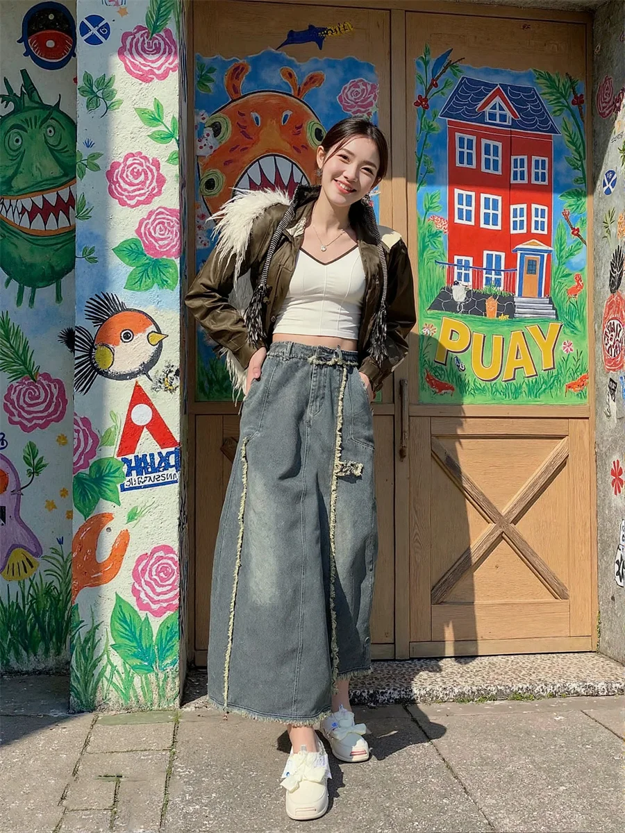 

Ankle length Denim Skirts Womens Ruffles Ruffled Tiered Cake Pleated Layered Artistic Feminina Modern Chic Sweet Unique Elegant