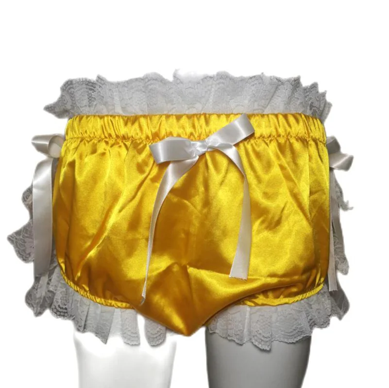 

French Sexy Adult Customized Fetishist Crossdressing Sissy Yellow Satin Patch White Multi Layered Lace Layered Shorts