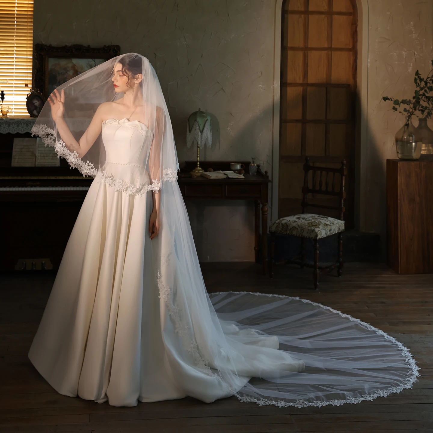 

V535 Роскошный головной убор невесты, белый двухслойный кружевной шлейф, свадебная фотография, церемония, фата, аксессуар для свадебного платья