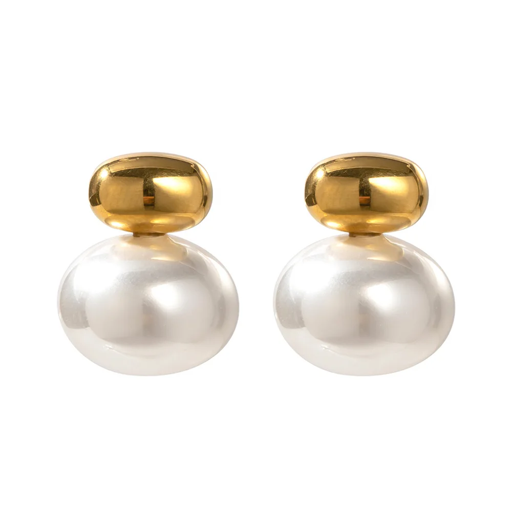 ALLNEWME Exquisite  Gold PVD Plated Stainless Steel Metallic Beans Geometric Imitation Pearl Long Drop Earrings for Women