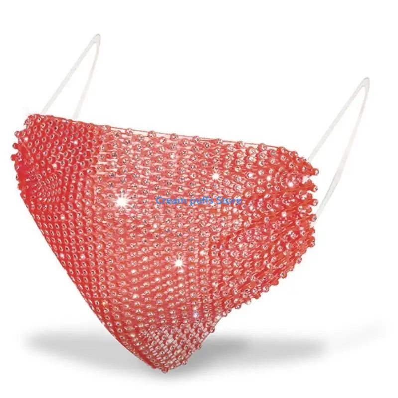 50LE Rhinestones Mesh Face Cover Crystal Mesh Masquerade Nightclub Mouth Mask with Adjustable Earloops for Women